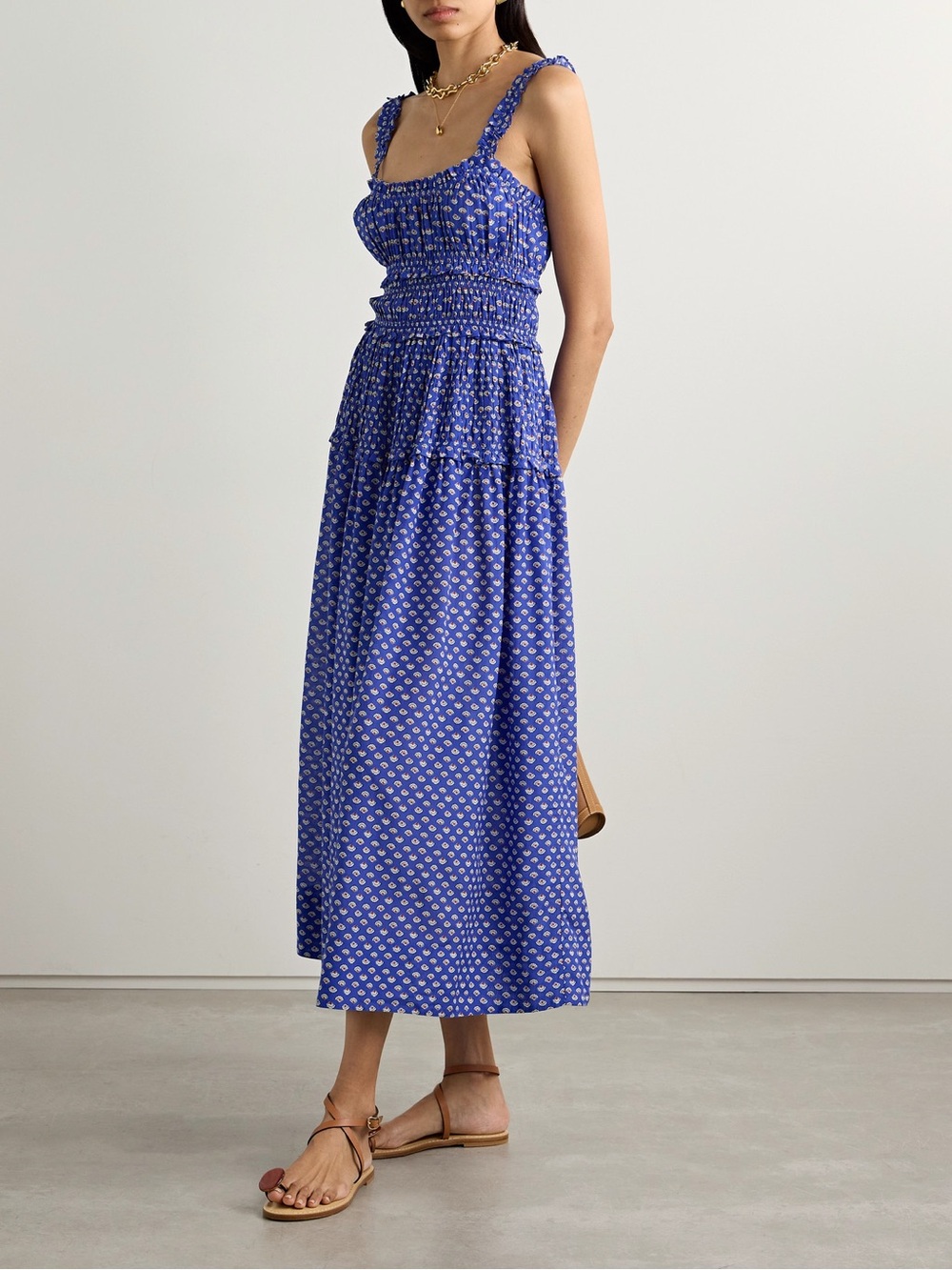 Doen Cobalt Blue Printed Smocked Midi Dress